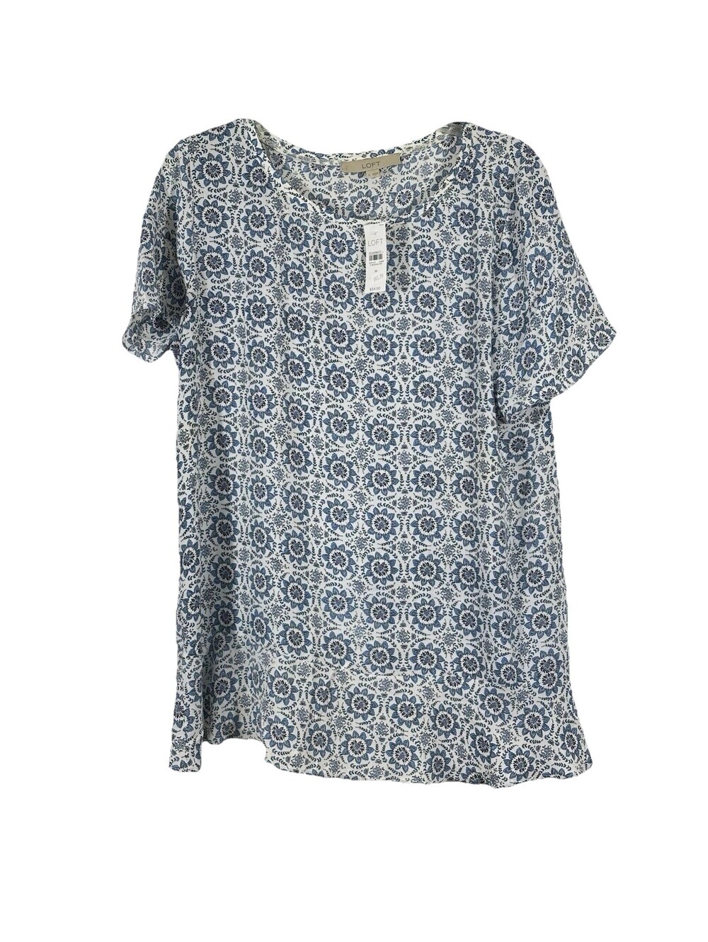 Loft Woman’s Sz M Top White / Blue Mandala Pattern Blouse Silky Ruffle Open Back